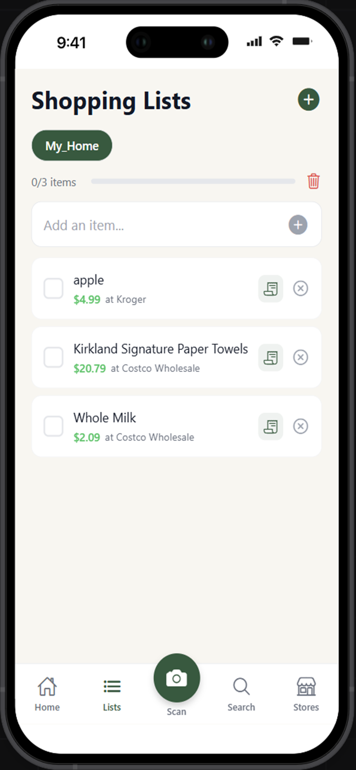 Shopping lists feature